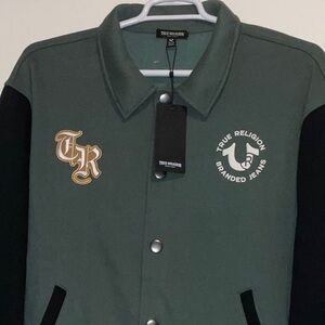 TRUE RELIGION VARSITY SNAP COLLAR PATCH FLEECE GREEN BLACK BUDDHA JACKET XL NWT